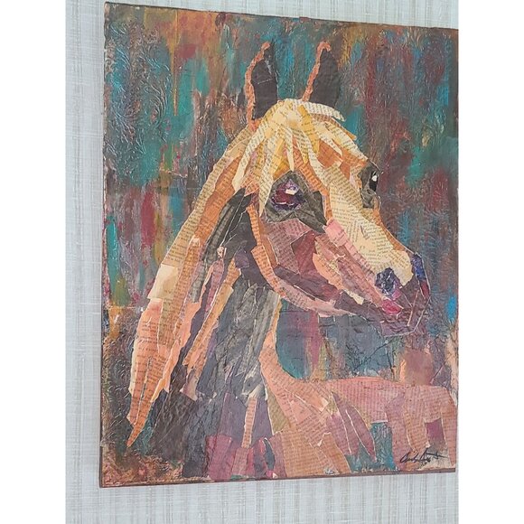 Arabian Horse Mixed Media Torn Paper Collage Art 16"x20" On Cradled‎ Wood Panel - Picture 8 of 8